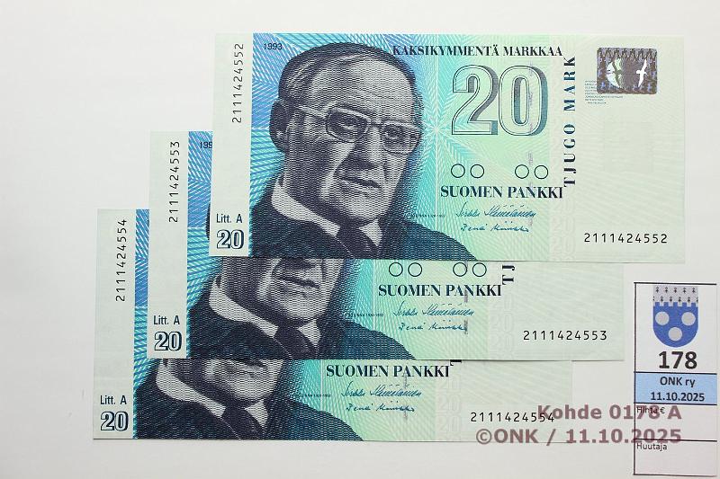 k-0178-a.jpg - Kohde 178, lhthinta: 12 € / myyntihinta: 12 € 20 mk 1993 LA (3) SNY 161.2 2111424552-54 H II-Ko2, 3 perk., painumat, kunto: 9
