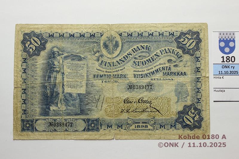 k-0180-a.jpg - Kohde 180 (kuva 1/2), l�ht�hinta: 200 &euro; / ei tarjouksia 50 mk 1898 SNY 164.3 0389477 COL-Lan, rep�, reiki�, tahra, kunto: 3