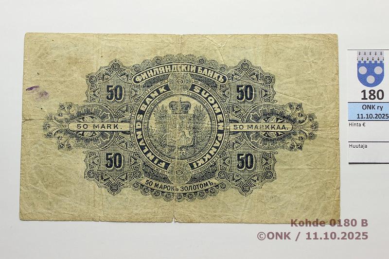 k-0180-b.jpg - Kohde 180 (kuva 2/2), lhthinta: 200 € / ei tarjouksia 50 mk 1898 SNY 164.3 0389477 COL-Lan, rep, reiki, tahra, kunto: 3