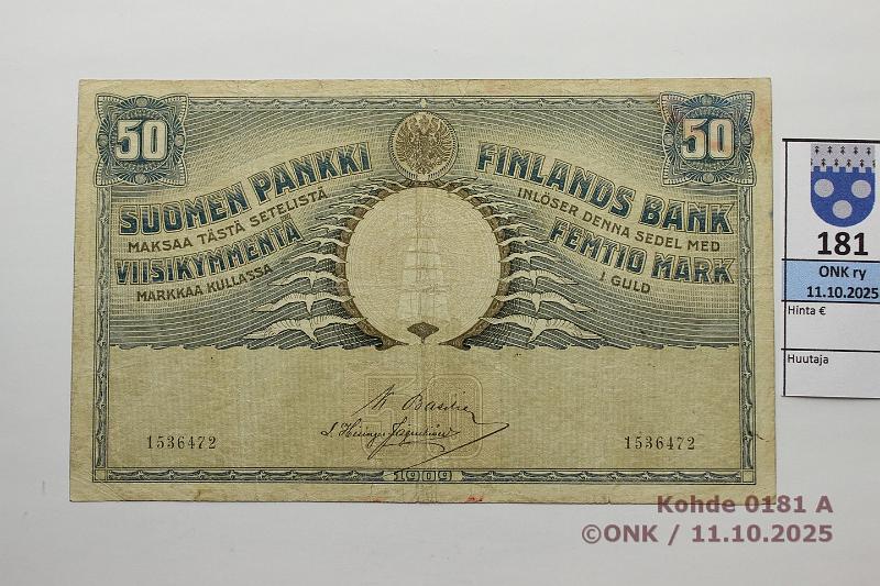 k-0181-a.jpg - Kohde 181 (kuva 1/2), lhthinta: 250 € / ei tarjouksia 50 mk 1909 SNY 165.1.1 1536472 BA I-His, 2 neulanreik, kunto: 4