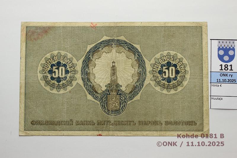 k-0181-b.jpg - Kohde 181 (kuva 2/2), lhthinta: 250 € / ei tarjouksia 50 mk 1909 SNY 165.1.1 1536472 BA I-His, 2 neulanreik, kunto: 4