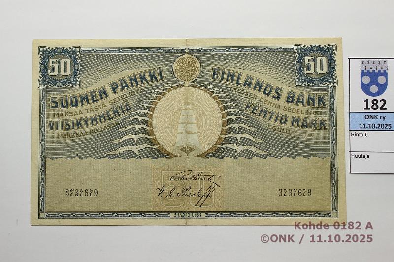 k-0182-a.jpg - Kohde 182 (kuva 1/2), lhthinta: 1600 € / ei tarjouksia 50 mk 1918 SNY 166.2 3737679 STE-The, ruskea kulma, kunto: 7