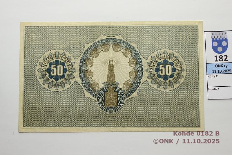 k-0182-b.jpg - Kohde 182 (kuva 2/2), lhthinta: 1600 € / ei tarjouksia 50 mk 1918 SNY 166.2 3737679 STE-The, ruskea kulma, kunto: 7