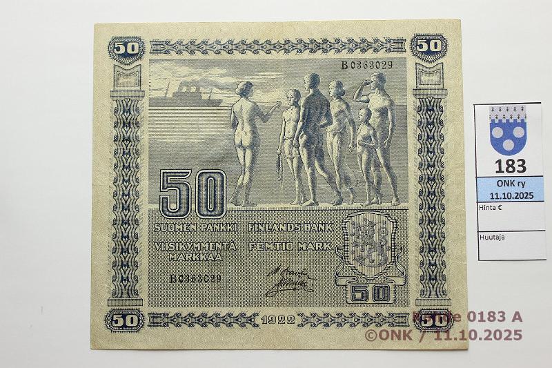 k-0183-a.jpg - Kohde 183 (kuva 1/2), lhthinta: 600 € / ei tarjouksia 50 mk 1922 SNY 167.1 B0363029 BA II-Ml, kunto: 5