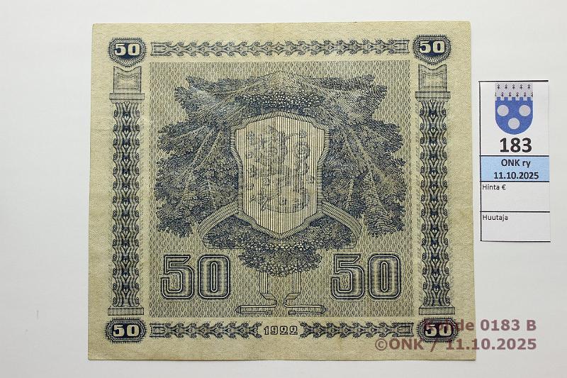 k-0183-b.jpg - Kohde 183 (kuva 2/2), l�ht�hinta: 600 &euro; / ei tarjouksia 50 mk 1922 SNY 167.1 B0363029 BA II-M�l, kunto: 5