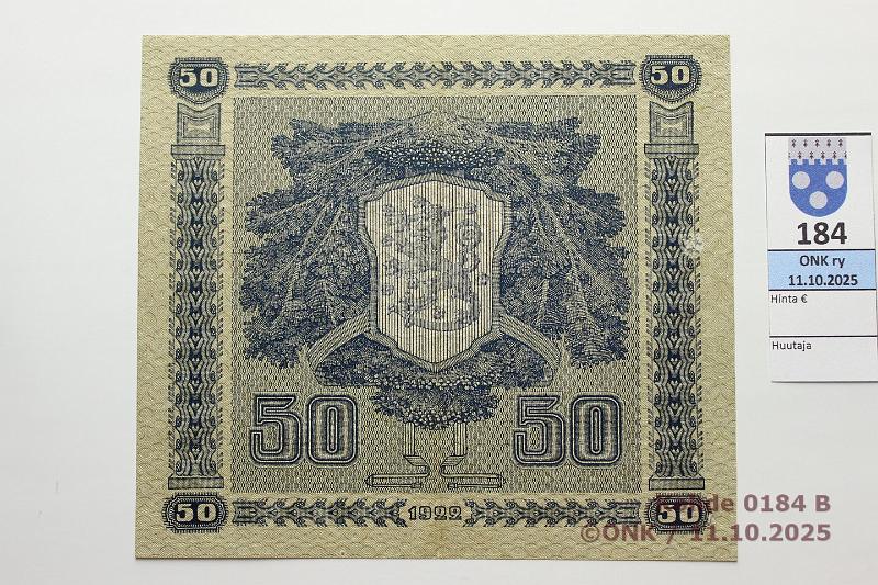 k-0184-b.jpg - Kohde 184 (kuva 2/2), l�ht�hinta: 500 &euro; / ei tarjouksia 50 mk 1922 LA SNY 167.2 F0041330 HEU-OAs, kunto: 7