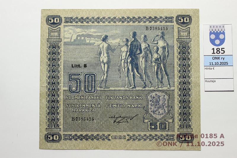 k-0185-a.jpg - Kohde 185 (kuva 1/2), lhthinta: 2500 € / ei tarjouksia 50 mk 1922 LB SNY 167.3 B0385415 BUR-OAs, kunto: 5
