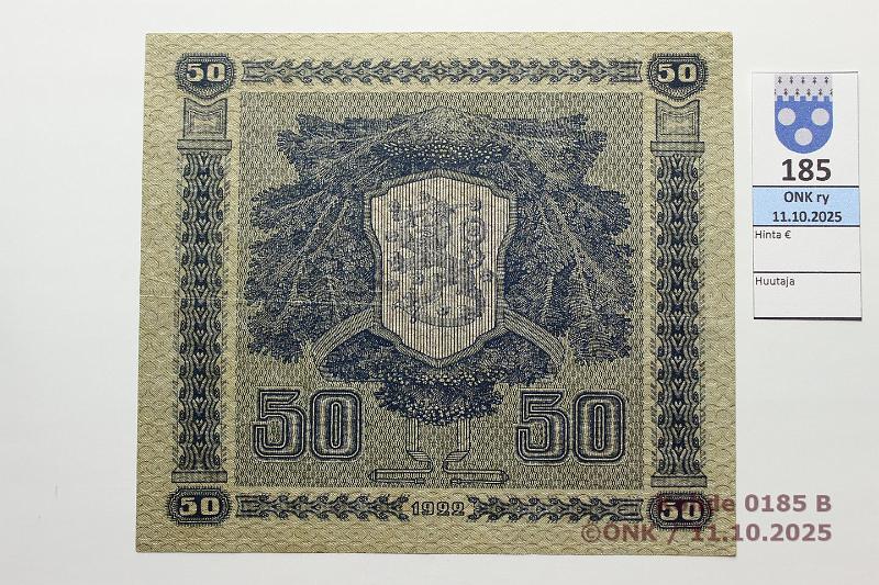 k-0185-b.jpg - Kohde 185 (kuva 2/2), l�ht�hinta: 2500 &euro; / ei tarjouksia 50 mk 1922 LB SNY 167.3 B0385415 BUR-OAs, kunto: 5