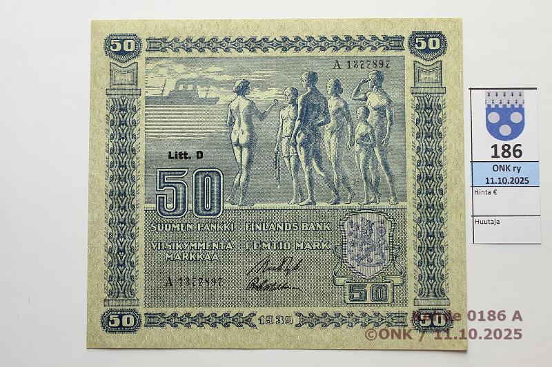 k-0186-a.jpg - Kohde 186 (kuva 1/2), lhthinta: 40 € / myyntihinta: 42 € 50 mk 1939 LD SNY 168.2 A1377897 RYT-Wah, vl2, kunto: 5