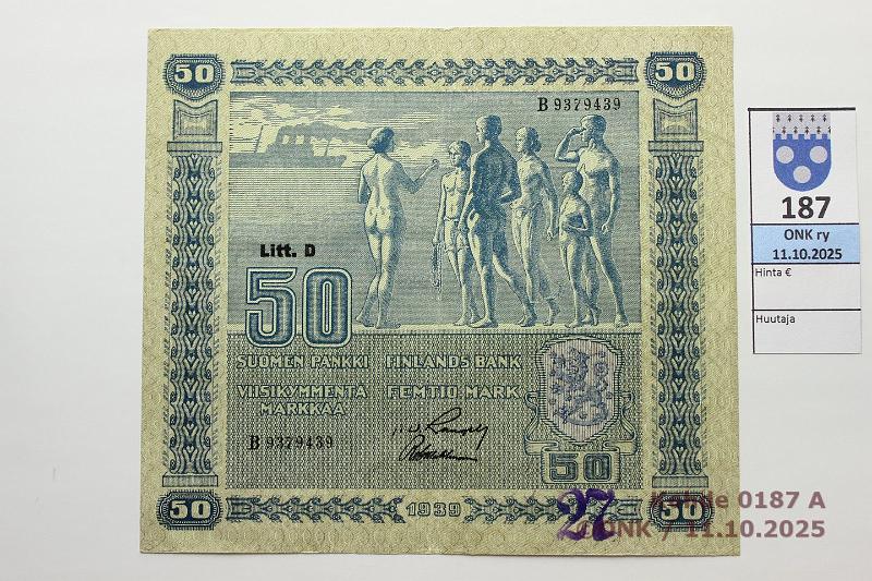 k-0187-a.jpg - Kohde 187 (kuva 1/2), lhthinta: 75 € / ei tarjouksia 50 mk 1939 LD SNY 168.2 B9379439 RAN-Wah, vl2, leima 27, kunto: 7
