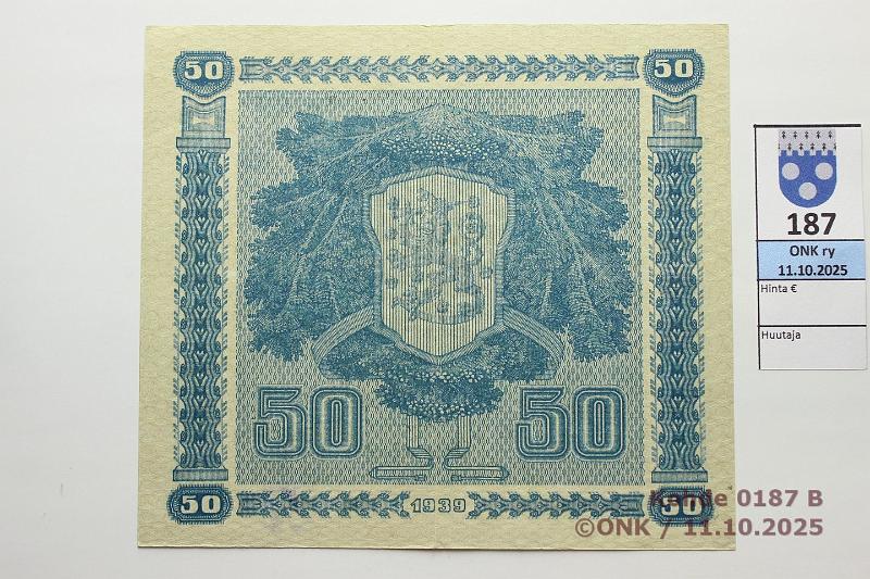 k-0187-b.jpg - Kohde 187 (kuva 2/2), lhthinta: 75 € / ei tarjouksia 50 mk 1939 LD SNY 168.2 B9379439 RAN-Wah, vl2, leima 27, kunto: 7