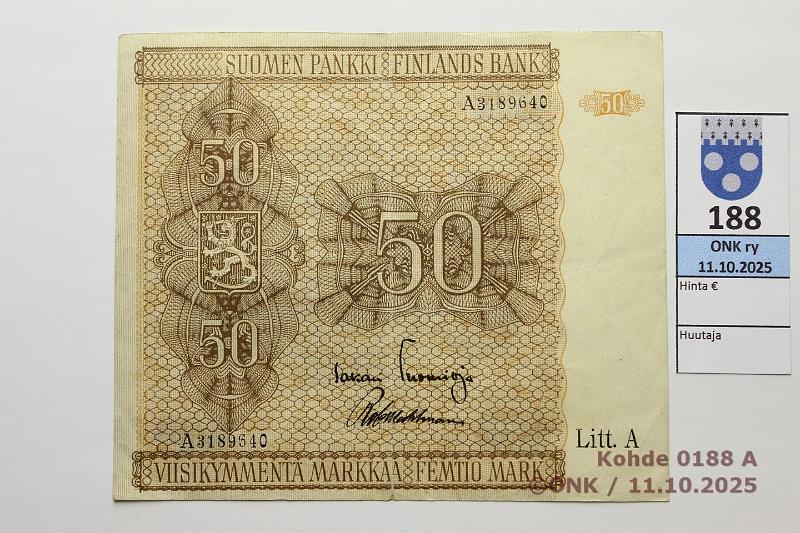 k-0188-a.jpg - Kohde 188 (kuva 1/2), lhthinta: 10 € / myyntihinta: 12 € 50 mk 1945 LA SNY 169.1.1 A3189640 TUO-Wah, 5mm rep, kunto: 4
