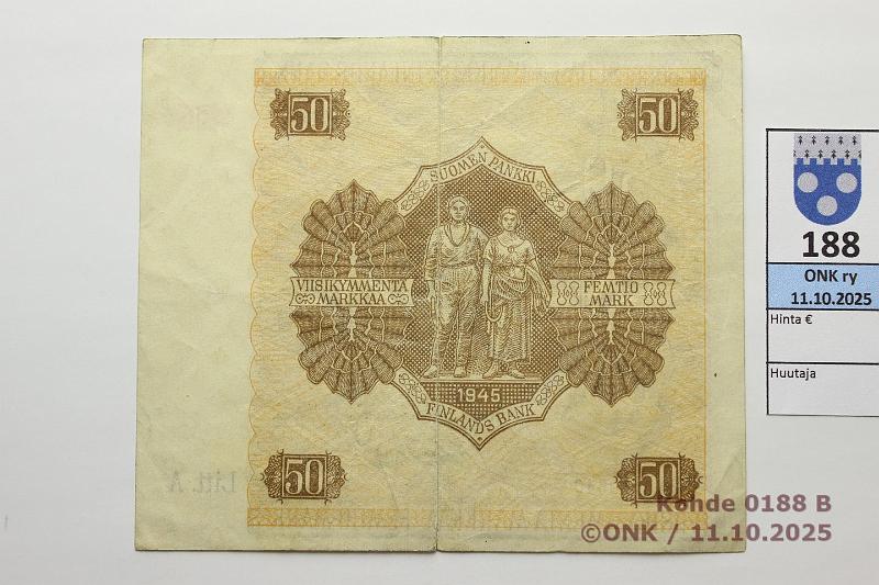 k-0188-b.jpg - Kohde 188 (kuva 2/2), lhthinta: 10 € / myyntihinta: 12 € 50 mk 1945 LA SNY 169.1.1 A3189640 TUO-Wah, 5mm rep, kunto: 4