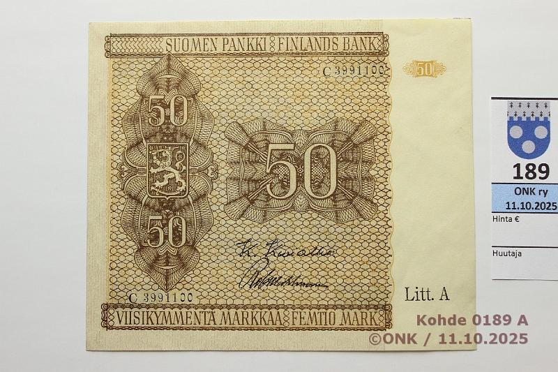 k-0189-a.jpg - Kohde 189 (kuva 1/2), l�ht�hinta: 70 &euro; / myyntihinta: 70 &euro; 50 mk 1945 LB SNY 169.2.1 C3991100 KIV-Wah, pintaeloa, kunto: 9