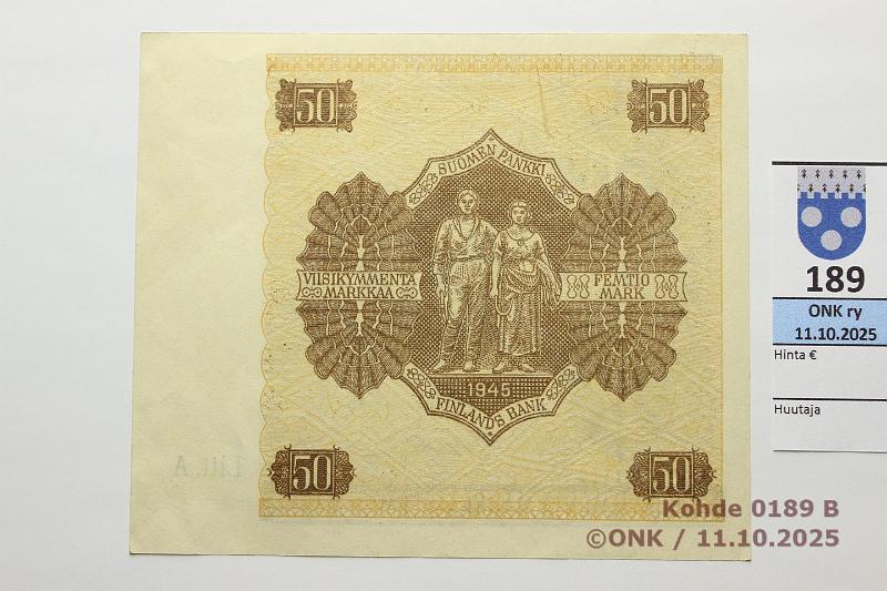 k-0189-b.jpg - Kohde 189 (kuva 2/2), lhthinta: 70 € / myyntihinta: 70 € 50 mk 1945 LB SNY 169.2.1 C3991100 KIV-Wah, pintaeloa, kunto: 9
