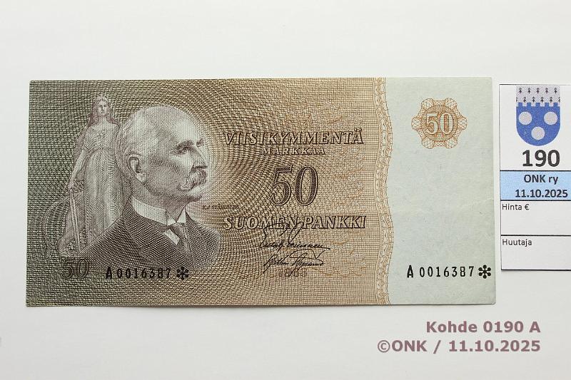 k-0190-a.jpg - Kohde 190 (kuva 1/2), l�ht�hinta: 3500 &euro; / ei tarjouksia 50 mk 1963 A* SNY 170.2.1 A0016387* LEI-AAs, korvaava, mattapinta, painumia. Eritt�in vaikea, tunnetaan vain 25 kpl, kunto: 7