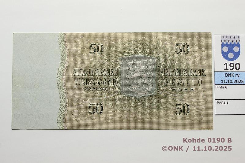 k-0190-b.jpg - Kohde 190 (kuva 2/2), lhthinta: 3500 € / ei tarjouksia 50 mk 1963 A* SNY 170.2.1 A0016387* LEI-AAs, korvaava, mattapinta, painumia. Erittin vaikea, tunnetaan vain 25 kpl, kunto: 7