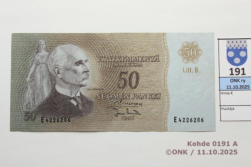 k-0191-a.jpg - Kohde 191 (kuva 1/2), lhthinta: 25 € / ei tarjouksia 50 mk 1963 LB SNY 170.5.1 E4226206 SIM-Ara, kunto: 5