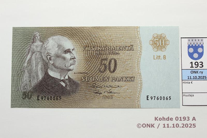 k-0193-a.jpg - Kohde 193, lhthinta: 50 € / ei tarjouksia 50 mk 1963 LB SNY 170.5.1 E9760065 HET-M1, pintaeloa, kunto: 9