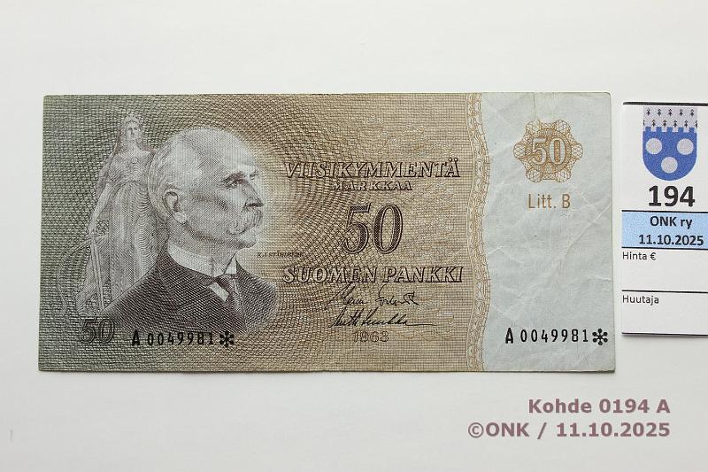 k-0194-a.jpg - Kohde 194, lhthinta: 650 € / ei tarjouksia 50 mk 1963 LB A* SNY 170.6.1 A0049981* KO I-Luu, vaikea korvaava, 10mm rep, kunto: 4