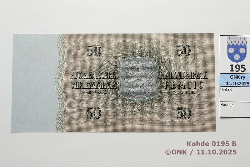 k-0195-b.jpg - Kohde 195 (kuva 2/2), lhthinta: 3000 € / ei tarjouksia 50 mk 1963 LB A* SNY 170.6.1 A0055092* KA I-Tr, vaikea korvaava, kunto: 10