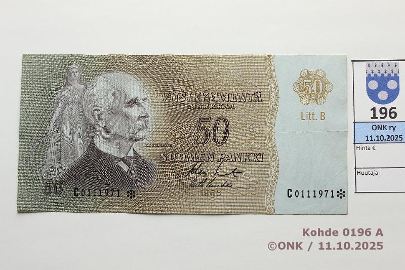k-0196-a.jpg - Kohde 196 (kuva 1/2), lhthinta: 150 € / ei tarjouksia 50 mk 1963 LB C* SNY 170.6.3 C0111971* KO II-Luu, korvaava, lainetta, kunto: 5
