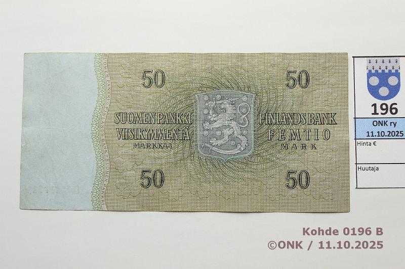 k-0196-b.jpg - Kohde 196 (kuva 2/2), lhthinta: 150 € / ei tarjouksia 50 mk 1963 LB C* SNY 170.6.3 C0111971* KO II-Luu, korvaava, lainetta, kunto: 5