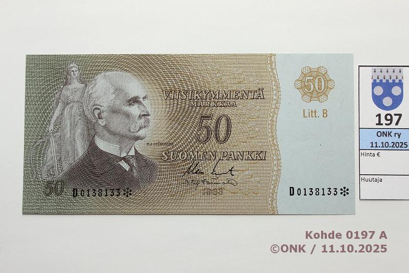 k-0197-a.jpg - Kohde 197 (kuva 1/2), lhthinta: 300 € / ei tarjouksia 50 mk 1963 LB D* SNY 170.6.4 D0138133* KO II-Tr, korvava, kunto: 10