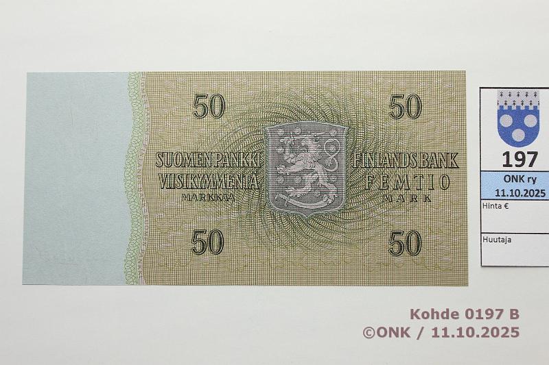 k-0197-b.jpg - Kohde 197 (kuva 2/2), l�ht�hinta: 300 &euro; / ei tarjouksia 50 mk 1963 LB D* SNY 170.6.4 D0138133* KO II-T�r, korvava, kunto: 10