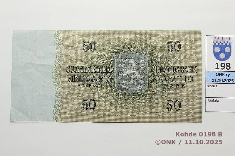 k-0198-b.jpg - Kohde 198 (kuva 2/2), lhthinta: 90 € / myyntihinta: 90 € 50 mk 1963 LB E* SNY 170.6.5 E0160826* HET-M1, korvaava, kunto: 4