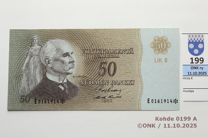 k-0199-a.jpg - Kohde 199 (kuva 1/2), l�ht�hinta: 350 &euro; / ei tarjouksia 50 mk 1963 LB E* SNY 170.6.5 E0161914* KU I-Pu1, korvaava, kunto: 10