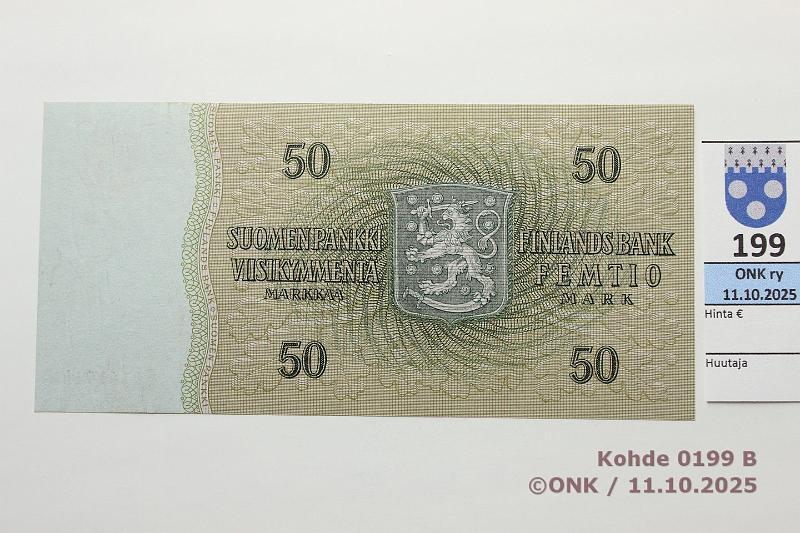 k-0199-b.jpg - Kohde 199 (kuva 2/2), l�ht�hinta: 350 &euro; / ei tarjouksia 50 mk 1963 LB E* SNY 170.6.5 E0161914* KU I-Pu1, korvaava, kunto: 10