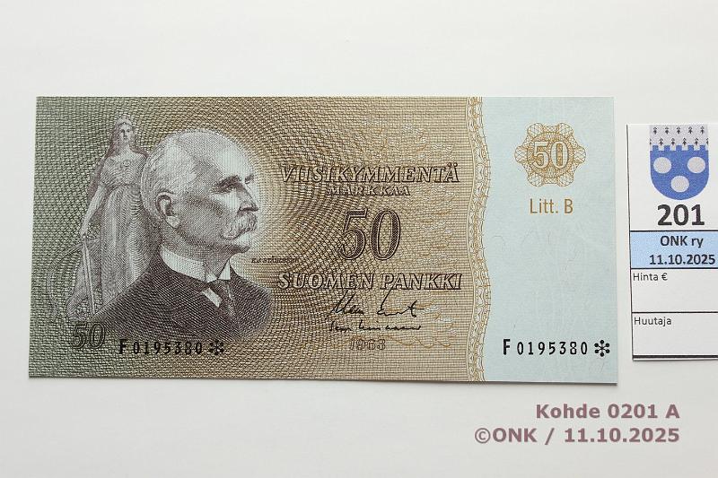 k-0201-a.jpg - Kohde 201 (kuva 1/2), l�ht�hinta: 150 &euro; / ei tarjouksia 50 mk 1963 LB F* SNY 170.6.6 F0195380* KO II-Lin, korvaava, painumia, kunto: 8