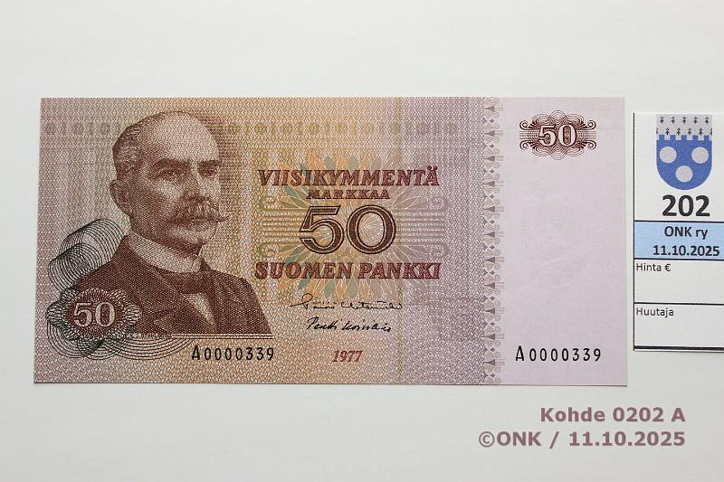 k-0202-a.jpg - Kohde 202 (kuva 1/2), l�ht�hinta: 50 &euro; / myyntihinta: 52 &euro; 50 mk 1977 SNY 171.1.1 A0000339 HET-Ko1, pienehk� n:o, kunto: 9