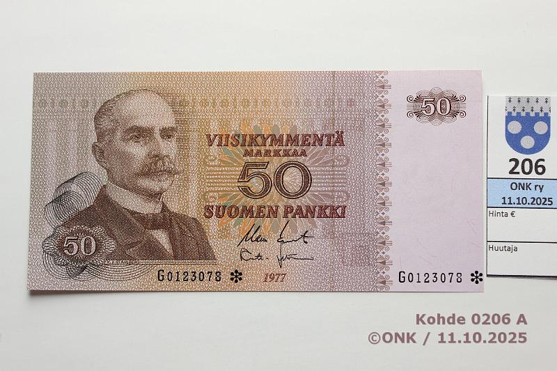 k-0206-a.jpg - Kohde 206, lhthinta: 50 € / ei tarjouksia 50 mk 1977 G* SNY 171.2.2 G0123078* KO II-Leh, korvaava, kunto: 9