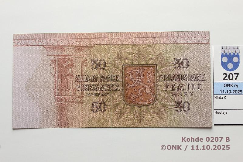 k-0207-b.jpg - Kohde 207 (kuva 2/2), lhthinta: 1000 € / myyntihinta: 1000 € 50 mk 1977 I-sarja SNY 171.2.3 I0230962 AL I-Pu1, korvaava, mattapinta, kunto: 5
