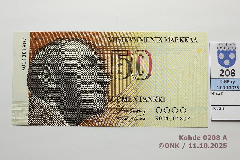 k-0208-a.jpg - Kohde 208 (kuva 1/2), lhthinta: 30 € / myyntihinta: 30 € 50 mk 1986 SNY 172.1.1 3001001807 KU I-Pu1, pienehk n:o, painumia, kunto: 9