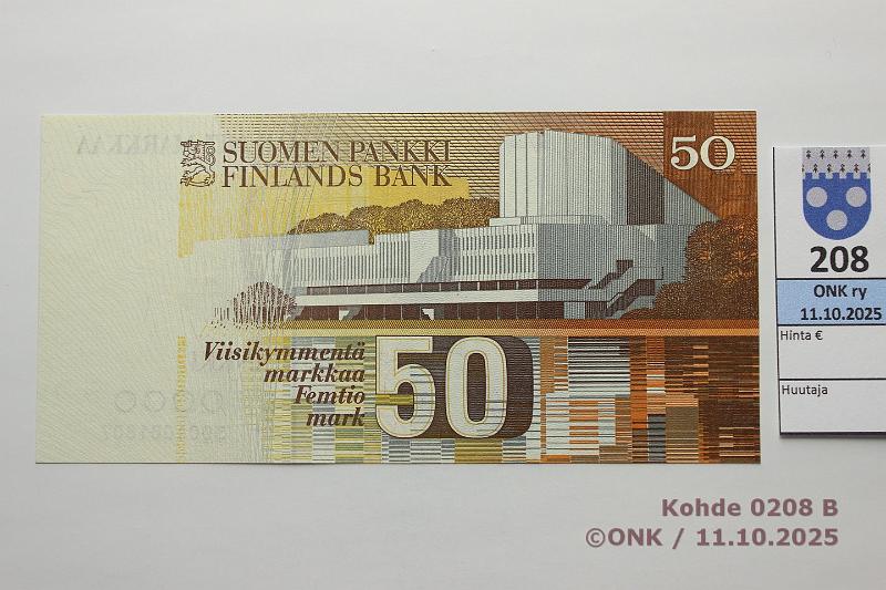 k-0208-b.jpg - Kohde 208 (kuva 2/2), lhthinta: 30 € / myyntihinta: 30 € 50 mk 1986 SNY 172.1.1 3001001807 KU I-Pu1, pienehk n:o, painumia, kunto: 9