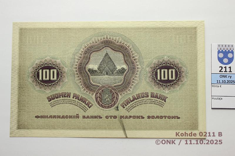 k-0211-b.jpg - Kohde 211 (kuva 2/2), l�ht�hinta: 1200 &euro; / ei tarjouksia 100 mk 1909 SNY 176.1.1 1313258 J�R-M�l, takana tahra, ex-SNY, kunto: 7