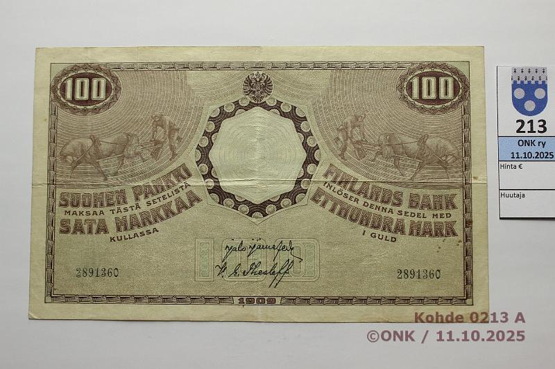 k-0213-a.jpg - Kohde 213 (kuva 1/2), lhthinta: 50 € / ei tarjouksia 100 mk 1909 KV SNY 176.3 2891360 JR-The, kunto: 5