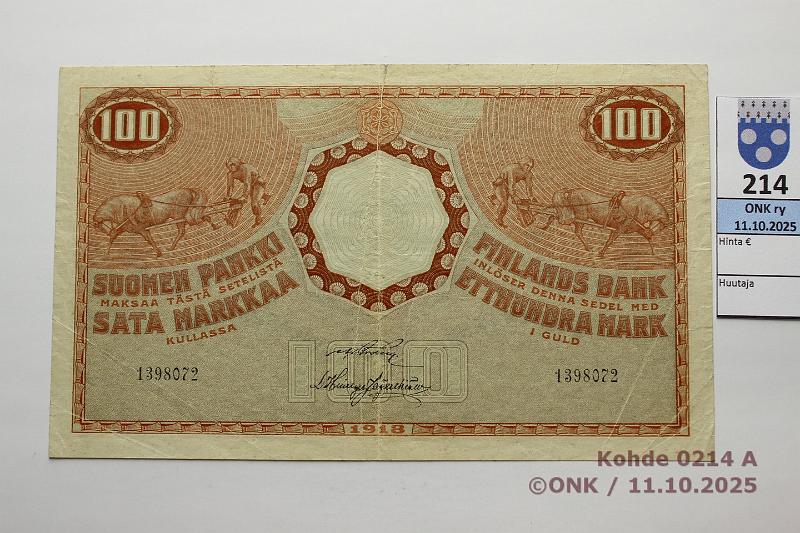 k-0214-a.jpg - Kohde 214 (kuva 1/2), lhthinta: 100 € / myyntihinta: 105 € 100 mk 1918 SNY 177 1398072 BRG-His, 6mm rep, kunto: 4