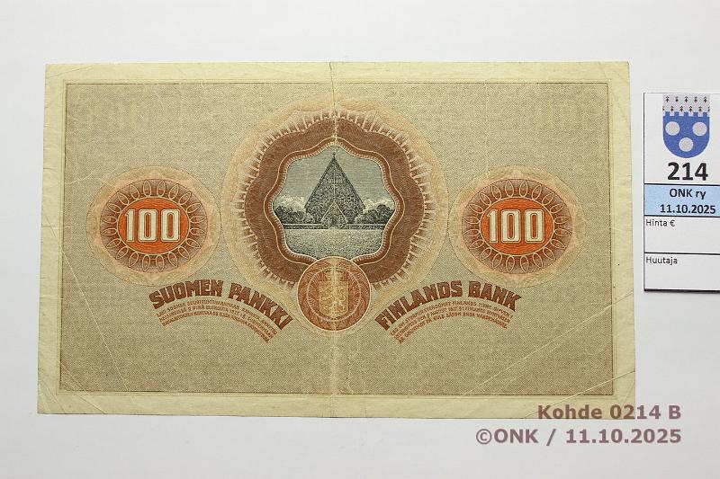 k-0214-b.jpg - Kohde 214 (kuva 2/2), lhthinta: 100 € / myyntihinta: 105 € 100 mk 1918 SNY 177 1398072 BRG-His, 6mm rep, kunto: 4