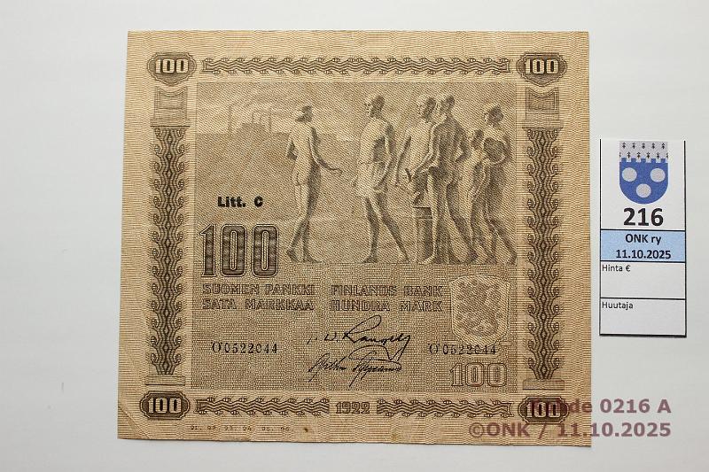 k-0216-a.jpg - Kohde 216 (kuva 1/2), l�ht�hinta: 25 &euro; / myyntihinta: 25 &euro; 100 mk 1922 LC SNY 178.4.1 �0522044 RAN-AAs, kunto: 5
