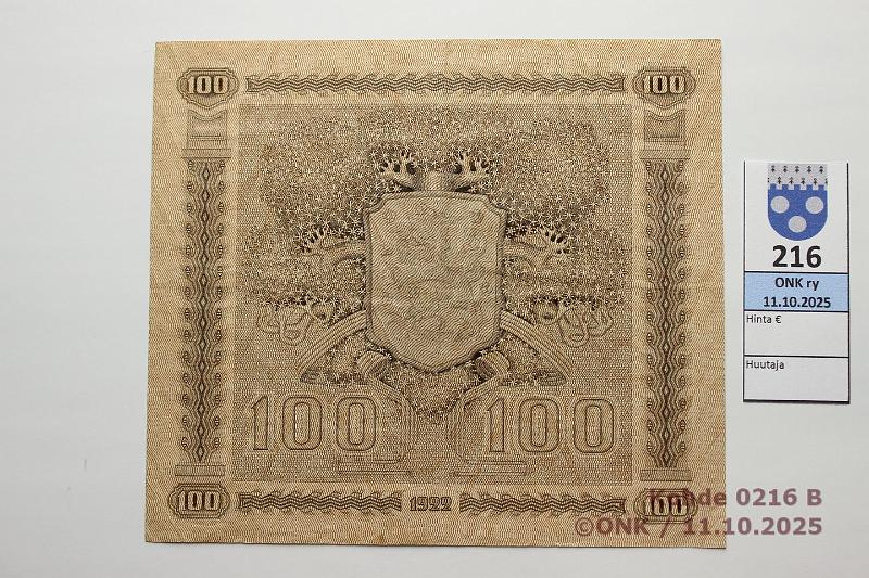 k-0216-b.jpg - Kohde 216 (kuva 2/2), l�ht�hinta: 25 &euro; / myyntihinta: 25 &euro; 100 mk 1922 LC SNY 178.4.1 �0522044 RAN-AAs, kunto: 5