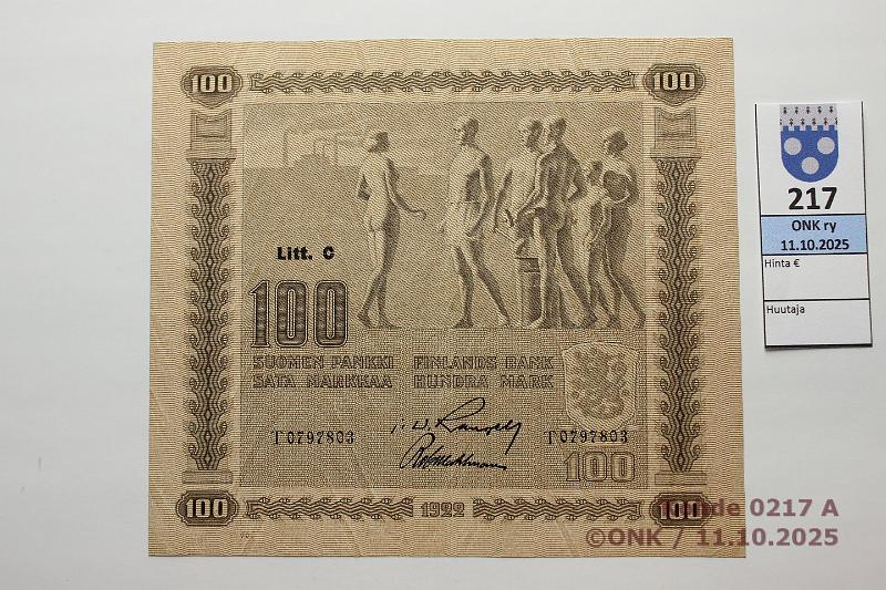 k-0217-a.jpg - Kohde 217 (kuva 1/2), l�ht�hinta: 40 &euro; / myyntihinta: 48 &euro; 100 mk 1922 LC SNY 178.4.1 T0797803 RAN-Wah, pr�ss�tty?, kunto: 6