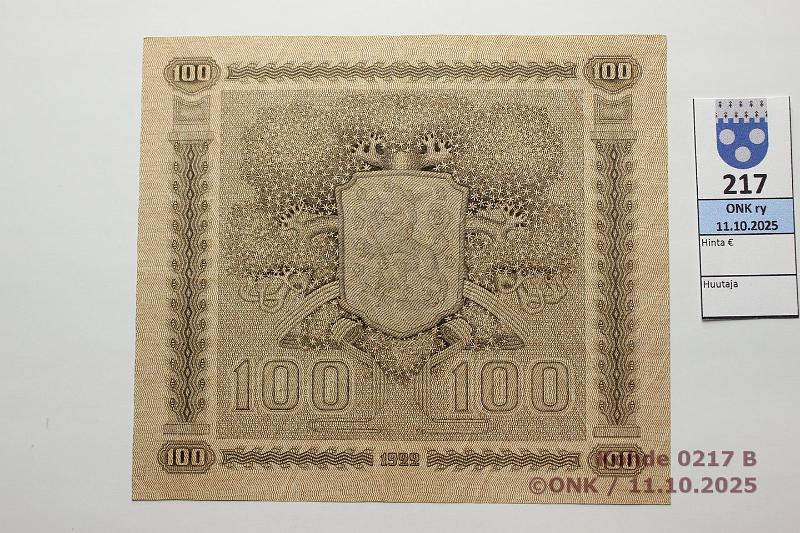 k-0217-b.jpg - Kohde 217 (kuva 2/2), l�ht�hinta: 40 &euro; / myyntihinta: 48 &euro; 100 mk 1922 LC SNY 178.4.1 T0797803 RAN-Wah, pr�ss�tty?, kunto: 6
