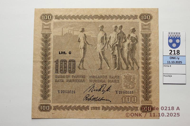 k-0218-a.jpg - Kohde 218 (kuva 1/2), lhthinta: 40 € / myyntihinta: 40 € 100 mk 1922 LC SNY 178.4.1 Y0750025 RYT-Wah, kunto: 6