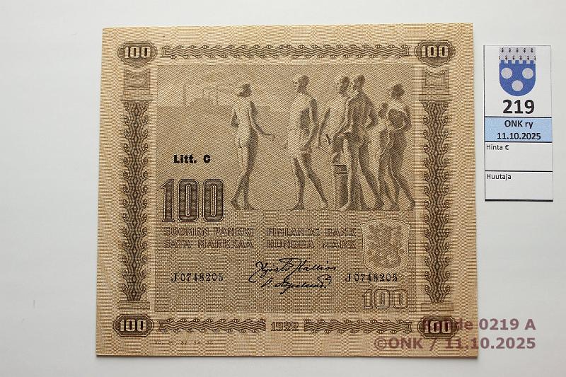 k-0219-a.jpg - Kohde 219 (kuva 1/2), l�ht�hinta: 100 &euro; / myyntihinta: 100 &euro; 100 mk 1922 LC SNY 178.4.1 J0748205 KAL-OAs, kunto: 8