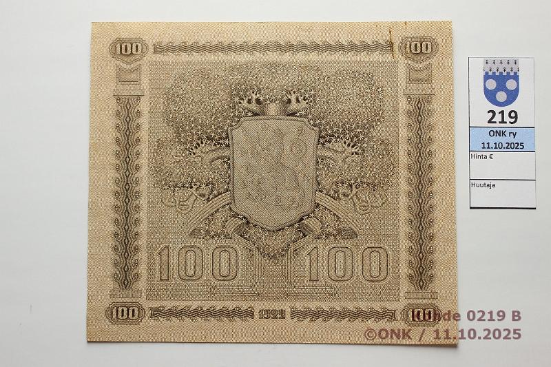 k-0219-b.jpg - Kohde 219 (kuva 2/2), l�ht�hinta: 100 &euro; / myyntihinta: 100 &euro; 100 mk 1922 LC SNY 178.4.1 J0748205 KAL-OAs, kunto: 8