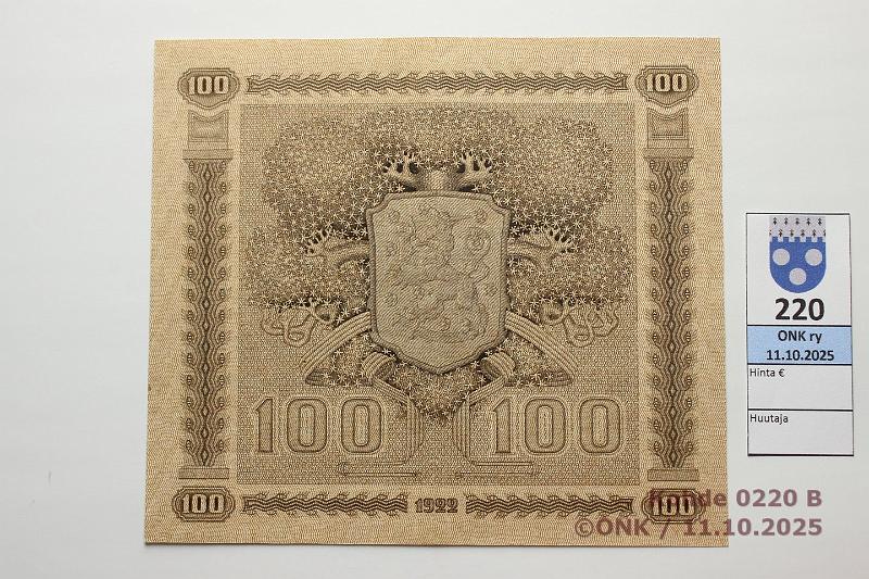 k-0220-b.jpg - Kohde 220 (kuva 2/2), l�ht�hinta: 100 &euro; / ei tarjouksia 100 mk 1922 LC SNY 178.4.1 AH0457057 RAN-Als, kunto: 8